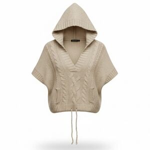 American Eagle Outfitters Hooded Cable-Knit Poncho Sweater in Beige. Sz XS-S